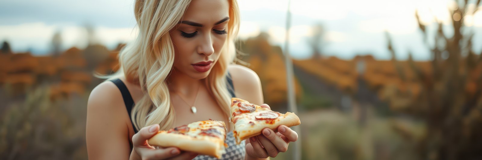 A young woman with blonde hair holds two slices of pizza while sitting outside in a field